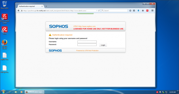 Sophos UTM Home - Authentication dialog